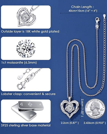 Beam & Bask Rose Flower Heart Moissanite Necklaces for Wife, S925 Silver Pendant for Women, 18K Gold Plated Jewelry for Her Girlfriend Mom for Anniversary Birthday