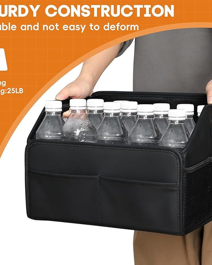 Car Storage Organizer Reinforced Dividable Leather Car Caddy Basket for Front Seat Floor Back Sturdy Frosted Handle 8 Compartments Adjustable Strap Buckles Slip-Resistant for SUV Truck