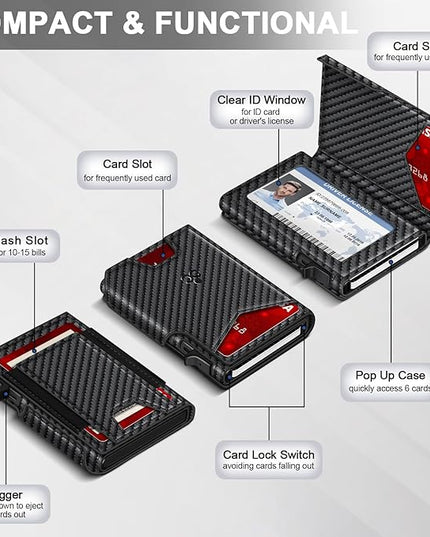 Wallet for Men Wallet with Slim Pop Up Card Holder 9-13 Cards, Bifold Minimalist Smart Wallet RFID Blocking Credit Card Holder with ID Window & Stretchable Cash Slot Compact Metal Aluminum Card Case