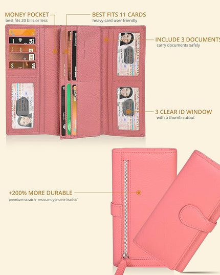 Real Leather Women Wallet Leather with RFID Blocking -Trifold Card Holder Designer Ladies Clutch with ID Window Wallets