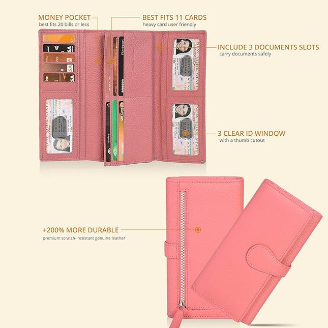 Real Leather Women Wallet Leather with RFID Blocking -Trifold Card Holder Designer Ladies Clutch with ID Window Wallets