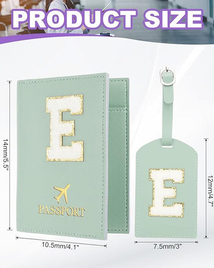PATIKIL Passport Holder for Travel, Initial Passport Cover and Luggage Tag Set with Alphabet Chenille Letter Patch Travel Wallet Bag Suitcase Identifier for Women Family Travel Green E