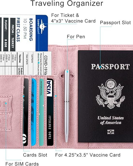 WALNEW Passport Holder for Travel, RFID Passport Cover Wallet for Women Men, PU Leather Passport Book Card Holder Case with Pen (Elastic Band Closure, C-Rosegold)