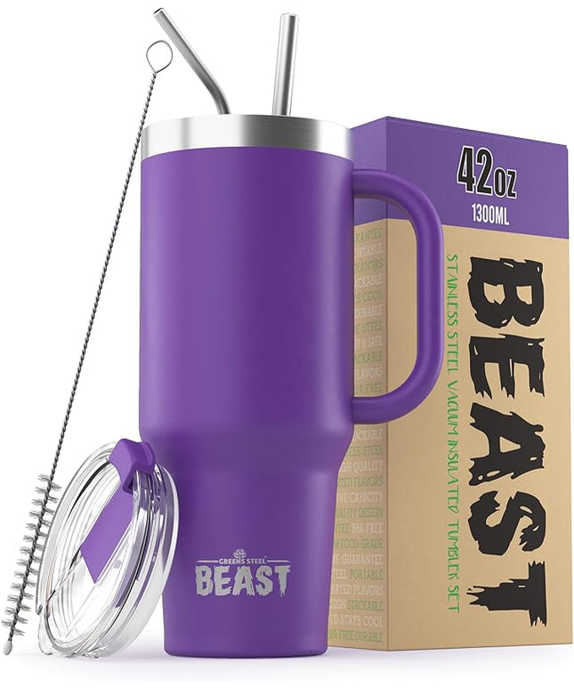 Beast 42 oz Tumbler with Handle Stainless Steel Vacuum Insulated Coffee Ice Cup Double Wall Travel Flask (Deep Purple)