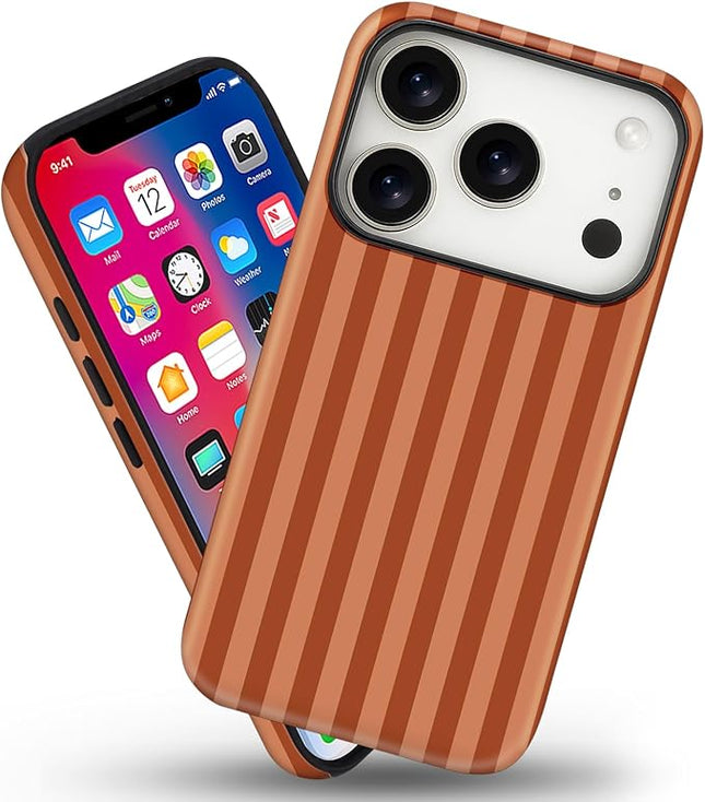 Magnetic for iPhone 17 Pro Case Cute Stripes Phone Case, Shockproof Slim TPU and Hard PC Protective Phone Cover Compatible with MagSafe Designed for Women Girls, Deep Brown