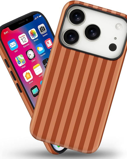 Magnetic for iPhone 17 Pro Max Case Cute Stripes Phone Case, Shockproof Slim TPU and Hard PC Protective Phone Cover Compatible with MagSafe Designed for Women Girls, Deep Brown