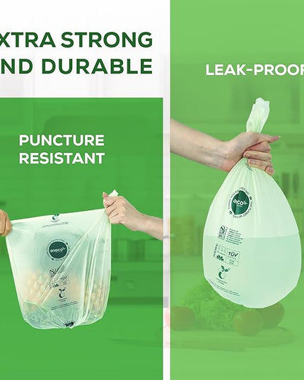 ANECO 100% Compostable Waste Bags 2.6 Gallon (Flat Top Bags, 50 Count) Extra Strong Kitchen Small Compost Bags for Countertop Bin (BPI & OK Compost HOME Certified)