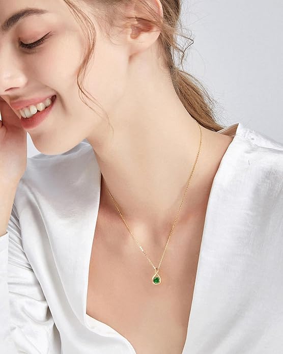 FANCIME 14K Solid Gold Birthstone Pendant with Sterling Silver Chain Infinity Gemstone Necklace Fine Jewelry Anniversary Birthday Christmas Gifts for Women Wife Her