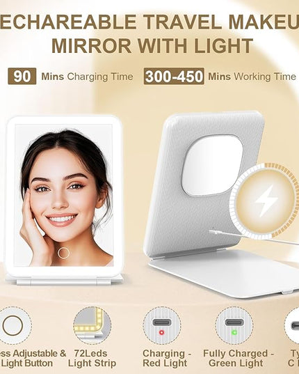 Mocado LED Foldable Travel Makeup Mirror - 5x7 inches 3 Colors Light Modes USB Rechargeable Touch Screen, Portable Tabletop Cosmetic Mirror for Travel, Cosmetic, Office (White)