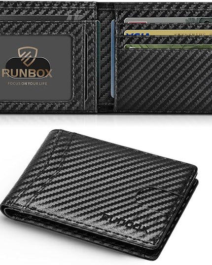RUNBOX Wallet for Men Slim Leather Bifold RFID Blocking Minimalist Front Pocket Design with Gift Box
