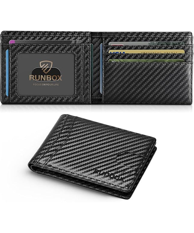 RUNBOX Wallet for Men Slim Leather Bifold RFID Blocking Minimalist Front Pocket Design with Gift Box