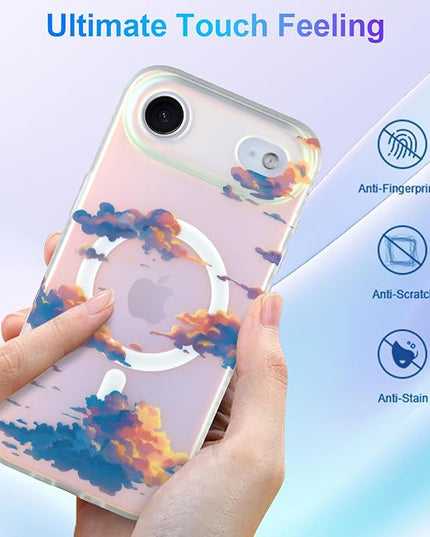 Cute Case for iPhone Air Case for Women Girls [ Compatible with Magsafe ] Aesthetic Cloud Pattern Design, Girly Glitter Sparkly Bling Protective Phone Cover, Iridescent Sun Set Sky