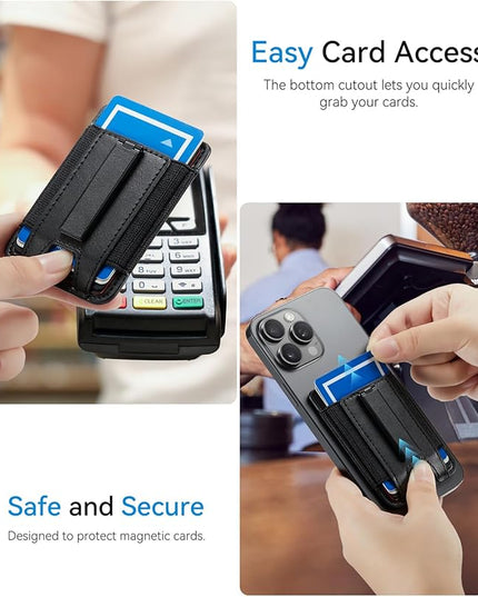 BIAJIYA Phone Wallet Sticky Back with Stand - Holds 6 Cards for iPhone & Samsung, Ultra Thin Leather & Stretch Fabric Card Holder (LiBlack)