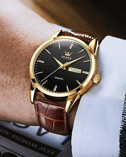 OLEVS Watches for Men Brown Leather Gold Case Analog Quartz Fashion Business Dress Watch Day Date Luminous Waterproof Casual Male Wrist Watches