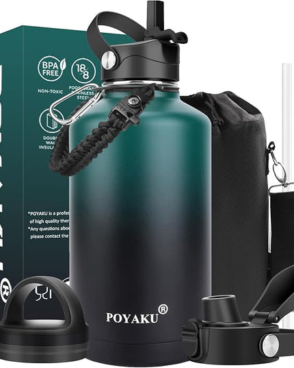 Water Bottle Insulated 32oz 40oz 64oz 128oz Straw Lid Spout Lid & 3 Lids, Leak Proof, Vacuum Insulated,Stainless Steel Water Bottle Wide Mouth for Sports, Gym or Office