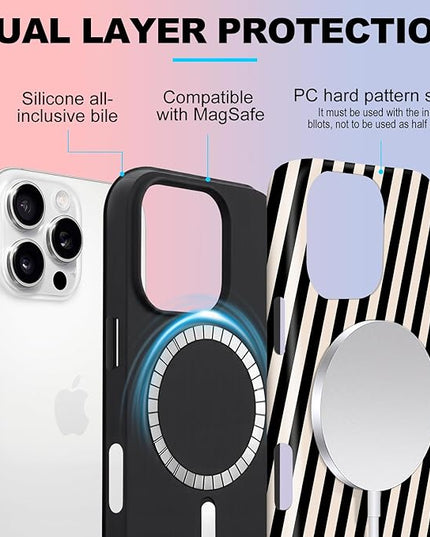 Magnetic for iPhone 13 Pro Max Case Cute Diagonal Stripes Phone Case, Shockproof Slim TPU and Hard PC Protective Phone Cover Compatible with MagSafe Designed for Women Girls,Black and White