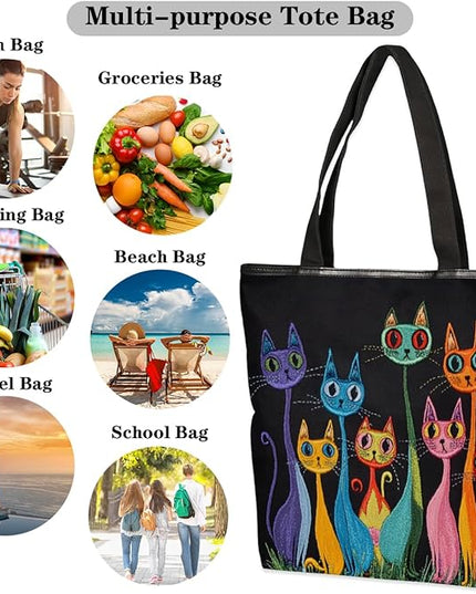 Pardick Canvas Tote Bags, Cute Funny Cats Tote Bag Eco Friendly Reusable Grocery Shopping Bagsfor Beach, Books, Women with Zipper Inner Pocket
