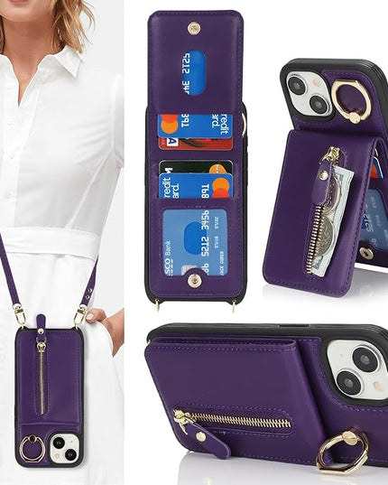 for iPhone 15 Wallet Case with Card Holder, for iPhone 15 Case Wallet with Strap Credit Card Slot, Crossbody Bag with Zipper Case for iPhone15 - Purple