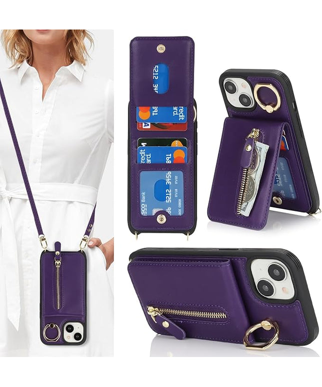 for iPhone 15 Wallet Case with Card Holder, for iPhone 15 Case Wallet with Strap Credit Card Slot, Crossbody Bag with Zipper Case for iPhone15 - Purple