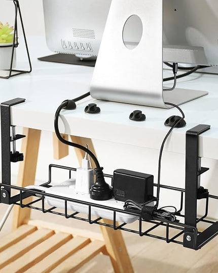 Under Desk Cable Management Tray 2 Pack, Xpatee Wire Management No Screws, Cable Tray with Clamp for Wire Management, Computer Code Rack for Office, Home - No Damage to Desk Black