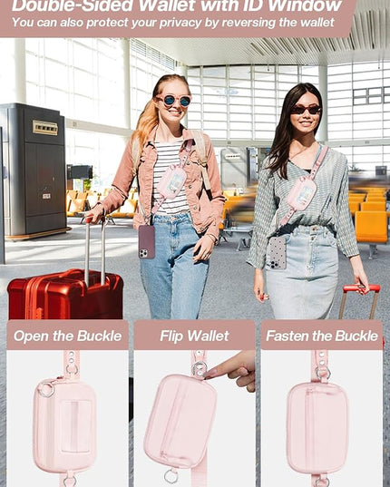 Clip and Go Strap for Phone with Wallet Crossbody Phone Lanyard Adjustable and Detachable RFID Wristlet Wallet with ID Window and Zipper, Pink