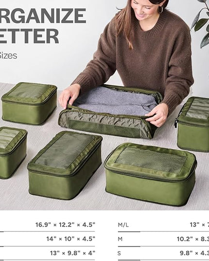 Aerotrunk Compression Packing Cubes for Travel - Luggage Organizer Bags - Double Zipper Packing Cubes for Suitcases (6-Pack, Olive)