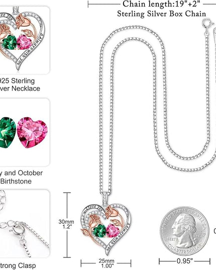 Iefil Christmas Gifts for Women Wife - 925 Sterling Silver Rose Heart Birthstone Necklace Birthday Anniversary Jewelry Gifts for Her Wife Mom Daughter