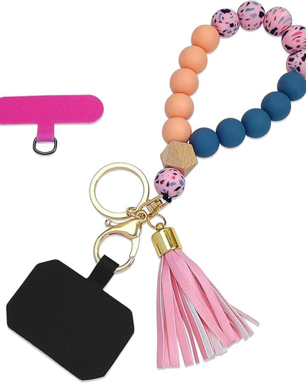 Phone Lanyard Silicone Beaded Phone Wrist Strap Cute Elastic Cell Phone Wristlet Chain Bracelet with 2 Tether Tab