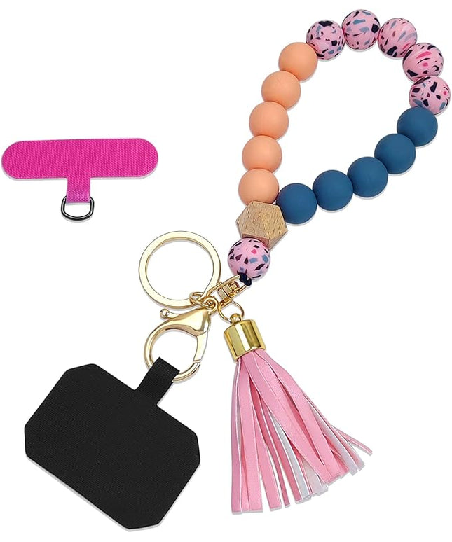 Phone Lanyard Silicone Beaded Phone Wrist Strap Cute Elastic Cell Phone Wristlet Chain Bracelet with 2 Tether Tab