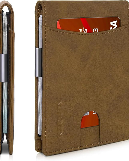 RUNBOX Slim Money Clip Wallets for Men RFID Blocking 11 Card Holder Minimalist Small Leather Bifold Men's Front Pocket Wallet Gift Box