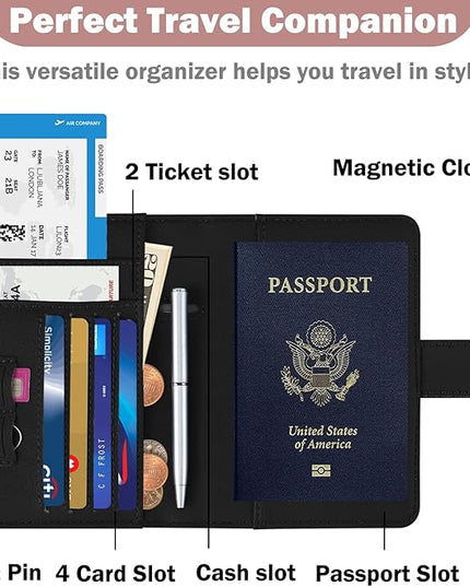HOTCOOL Passport Holder Travel Essentials Airplane & Cruise Essentials Ship Leather Wallet Cover Case RFID Blocking Women & Men Vacation Travel Accessories Gifts Deals, Litchi - Black