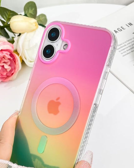 Aesthetic Case for iPhone 16 Case for Women Girls, Compatible with Magsafe, Cute Girly Trendy Glitter Sparkly Rainbow Magnetic Protective Phone Cover, Matte Iridescent Pink & Green