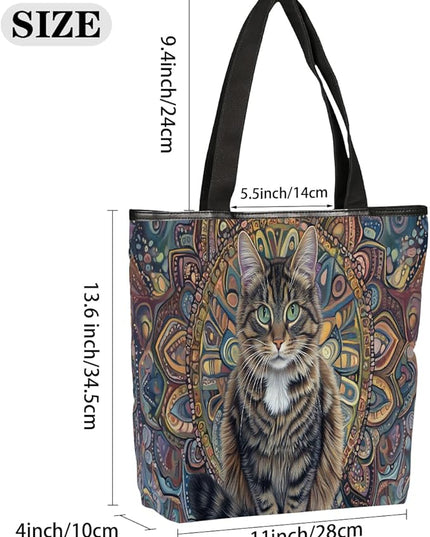 Pardick Canvas Tote Bags, Bohemian Cats Tote Bag Eco Friendly Reusable Grocery Shopping Bagsfor Beach, Books, Women with Zipper Inner Pocket