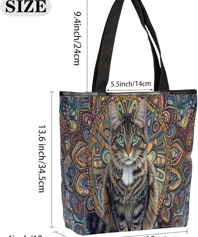 Pardick Canvas Tote Bags, Bohemian Cats Tote Bag Eco Friendly Reusable Grocery Shopping Bagsfor Beach, Books, Women with Zipper Inner Pocket