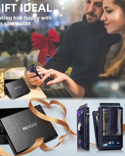 miyozi Airtag Wallet for Men Money Clip 9-Card Pop-Up Credit Card Holder with ID Window RFID Blocking Metal Case Magnetic Closure Front Pocket Wallet Gift Box