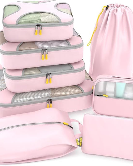 Shacke Premium 8 Packing Cubes Set - Lightweight Mesh Travel Luggage Organizers with Laundry Bag, 8-Piece Suitcase Storage System (Petal Pink)