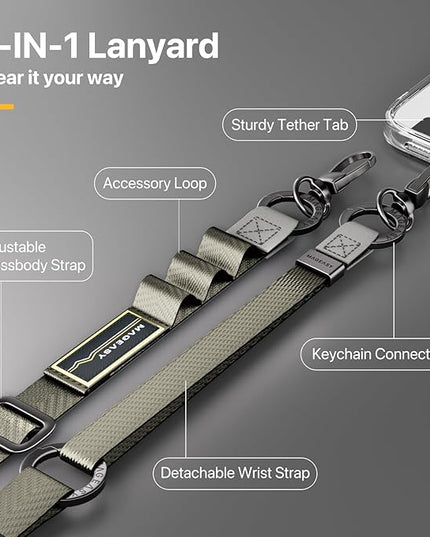 MAGEASY 2-In-1 Cell Phone Lanyard Crossbody - Universal Crossbody Phone Leash & Wrist Strap with Built-in Keychain, Phone Tether Tab | Anti Drop & Anti Theft for Daily & Travel (Concrete Grey)