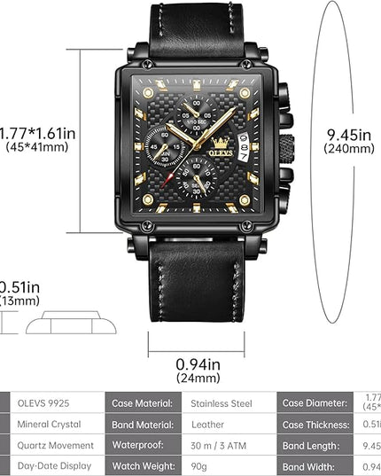 OLEVS Men's Chronograph Leather Watch, Big Face Easy to Read Analog Quartz Dress Watch, Casual Waterproof Luminous Hands Date Watches for Men, White/Blue/Black/Gold Dial