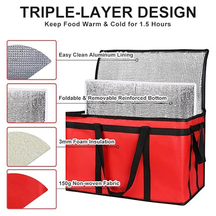 CIVJET 2-Pack Insulated Food Delivery Bag with Hard Bottom, XXX-Large Commercial Food Warmer, Insulated Reusable Grocery Cooler/Hot Bags, Tote Bag for Shopping/Travel, Red