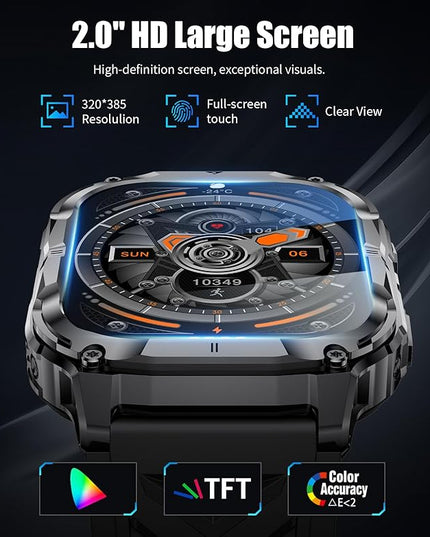 2.0" Military Smart Watch for Men with Flashlight, Make/Answer Calls, 1000mAh, IP68 Waterproof, 100+ Sport Modes Fitness Tracker for Workout Outdoor iOS Android Compatible, Black-Silicone