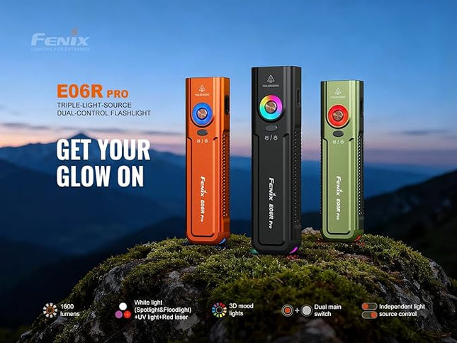 Fenix E06R Pro 1600 Lumens 4-in-1 EDC Flashlight with UV Light, Red Beam, Spotlight/Floodlight, Rechargeable, Flat Shape for Everyday Carry & Outdoor with Lumentac Organizer (Olive Drab)