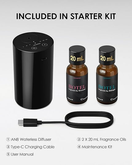 Airversa Waterless Essential Oil Diffuser Starter Kit with 2x20mL Hotel Fragrance Oils, Cordless Nebulizer for Car Home Office, Up to 600 sq ft, Mist/Timer Settings, Baterry Operated, AN8Kit-3, Black