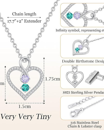 LOUISA SECRET Infinity Double Birthstone Necklace, 925 Sterling Silver Tiny Pendant Heart Necklace for Women Wife Her, Best Jewelry Gift Heart Jewelry Meaningful Gift for Valentine's Day, Christmas, Birthday Anniversary