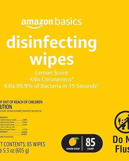 Amazon Basics Disinfecting Wipes, Lemon & Fresh Scent, Sanitizes/Cleans/Disinfects/Deodorizes, 255 Count (2 Packs Lemon, 1 Pack Fresh Scent)