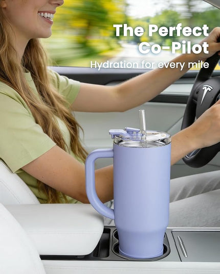 Renoj Tumbler with Handle 100% Leak Proof Insulated Water Bottle for Iced Coffee & Hot Drinks - Fits Car Cup Holder, Ideal Gift, 2 Straws & Silicone Boot BPA-Free - SnapShift Blue 40 oz