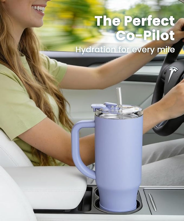Renoj Tumbler with Handle 100% Leak Proof Insulated Water Bottle for Iced Coffee & Hot Drinks - Fits Car Cup Holder, Ideal Gift, 2 Straws & Silicone Boot BPA-Free - SnapShift Blue 40 oz