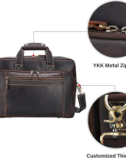 Men's Solid Thick Full Grain Leather 17.3" Laptop Briefcase Classic Messenger Bag Fit Business Travel | Solid, Thick, Full Grain Leather, 17.3", Classic, Fit, Business Travel