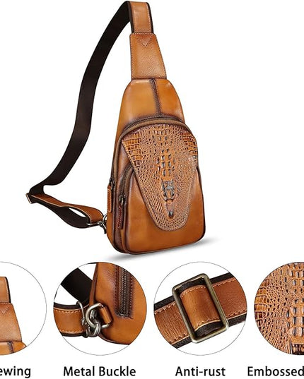 Genuine Leather Sling Bag Embossed Crocodile Pattern Leather Crossbody Sling Backpack Handmade Chest Purse Daypack (Brown)