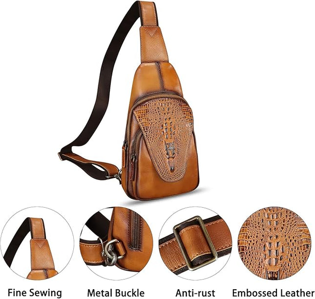 Genuine Leather Sling Bag Embossed Crocodile Pattern Leather Crossbody Sling Backpack Handmade Chest Purse Daypack (Brown)