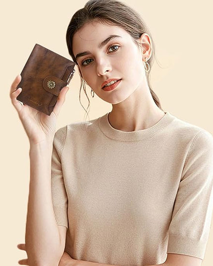 Blucoay Wallet Women,RFID Blocking Leather Womens Wallet Bifold Compact Card Holder Small Wallet for Women with Removable ID Window Darkbrown